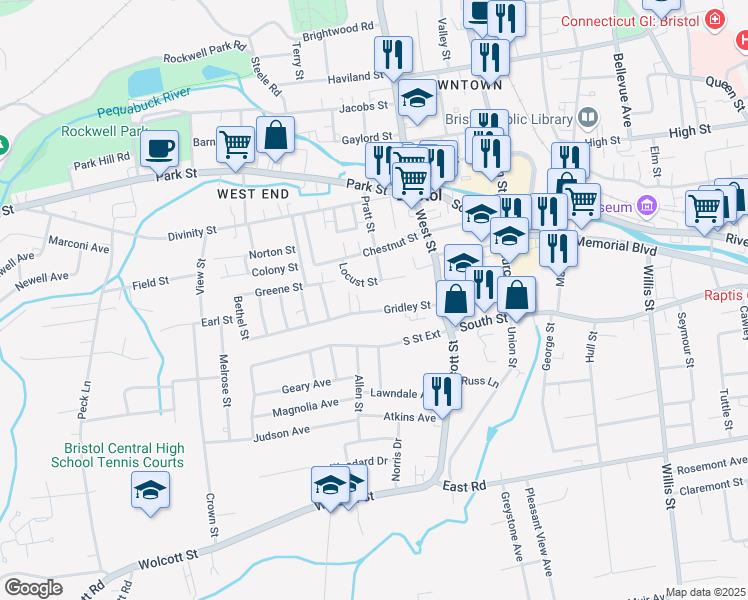 map of restaurants, bars, coffee shops, grocery stores, and more near 70 Gridley Street in Bristol