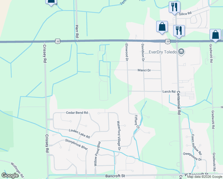 map of restaurants, bars, coffee shops, grocery stores, and more near 2742 Persimmon Drive in Sylvania