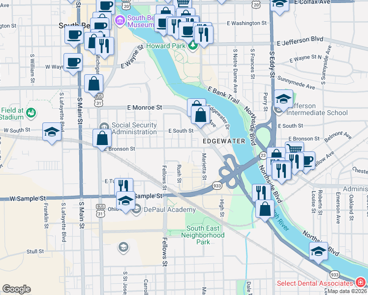 map of restaurants, bars, coffee shops, grocery stores, and more near 611 East Bronson Street in South Bend