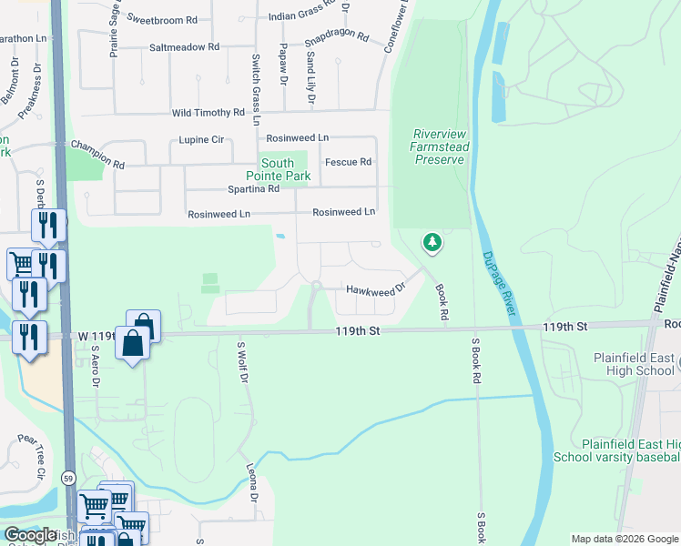map of restaurants, bars, coffee shops, grocery stores, and more near 5727 Rosinweed Lane in Naperville