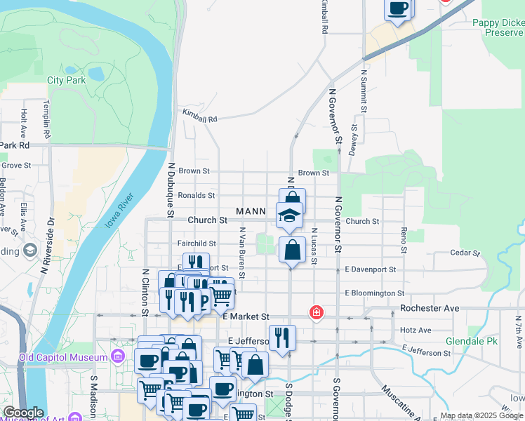 map of restaurants, bars, coffee shops, grocery stores, and more near 614 North Johnson Street in Iowa City