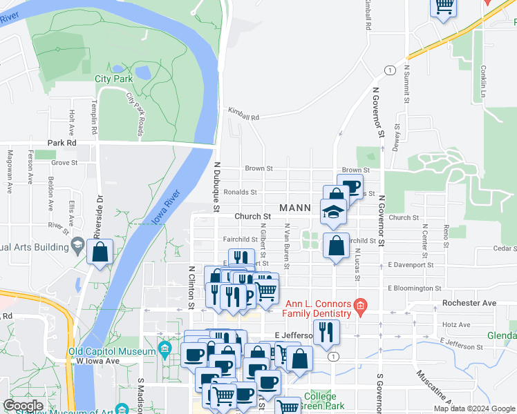 map of restaurants, bars, coffee shops, grocery stores, and more near 618 North Gilbert Street in Iowa City