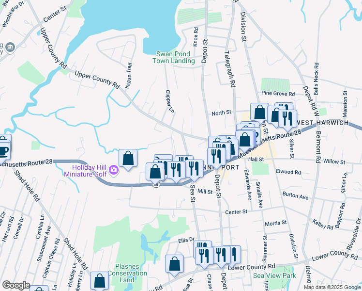 map of restaurants, bars, coffee shops, grocery stores, and more near 317 Sea Street in Dennis