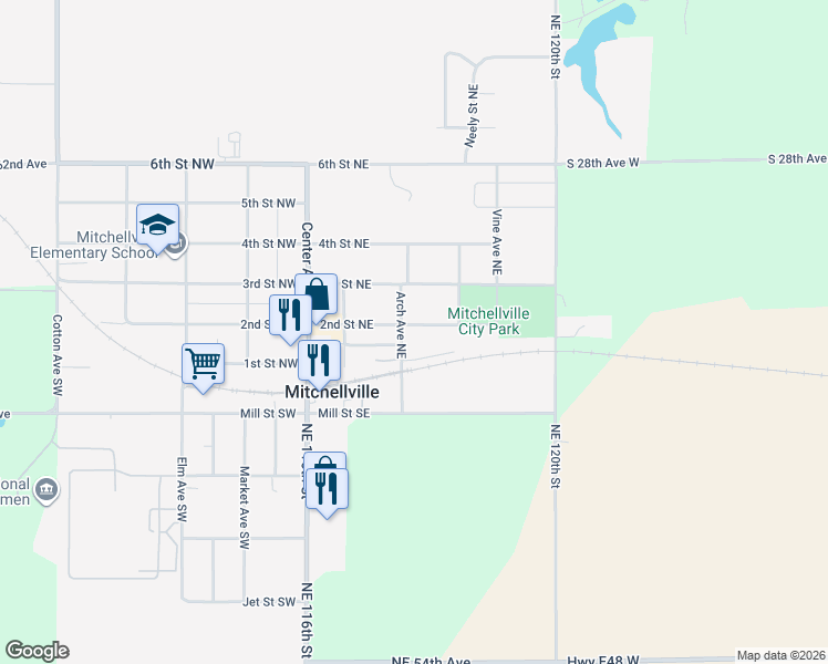 map of restaurants, bars, coffee shops, grocery stores, and more near 302 2nd Street Northeast in Mitchellville