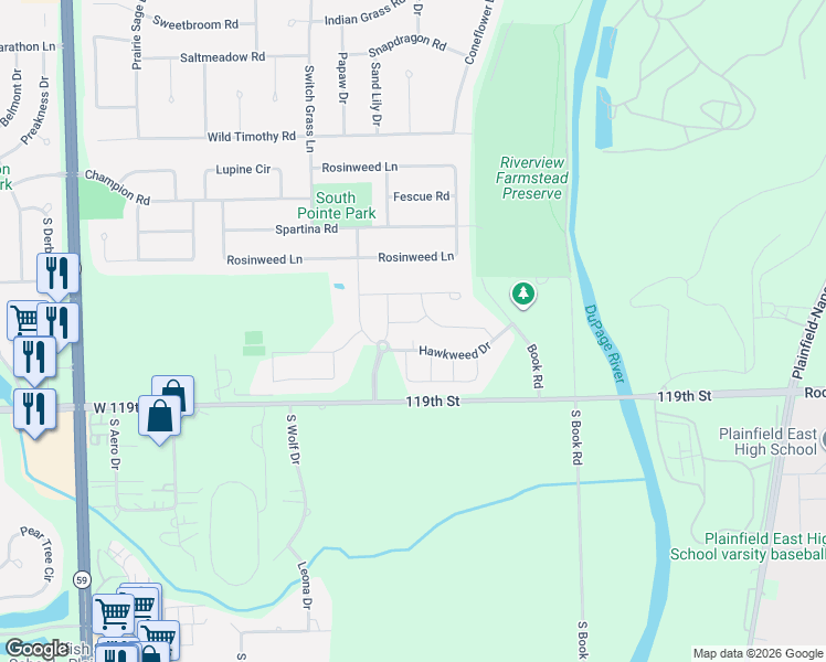 map of restaurants, bars, coffee shops, grocery stores, and more near 5727 Rosinweed Lane in Naperville
