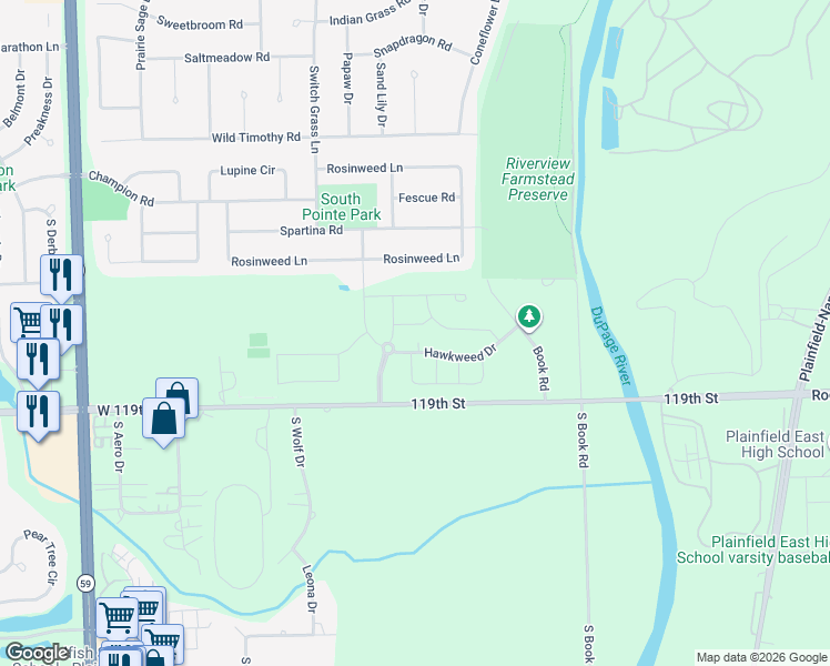 map of restaurants, bars, coffee shops, grocery stores, and more near 5727 Rosinweed Lane in Naperville
