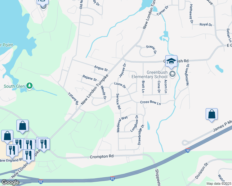 map of restaurants, bars, coffee shops, grocery stores, and more near 11 Longfellow Drive in Coventry