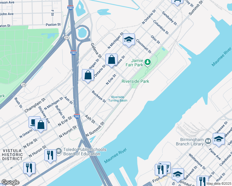map of restaurants, bars, coffee shops, grocery stores, and more near 1944 North Superior Street in Toledo