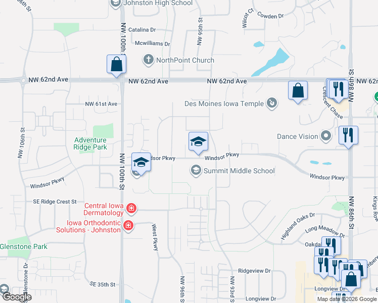 map of restaurants, bars, coffee shops, grocery stores, and more near 5905 Northwest 96th Court in Johnston