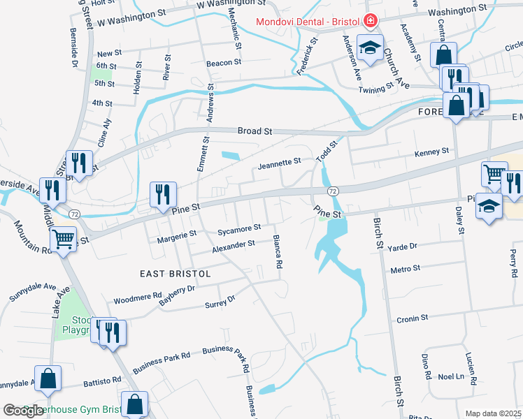 map of restaurants, bars, coffee shops, grocery stores, and more near 22 Evergreen Street in Bristol