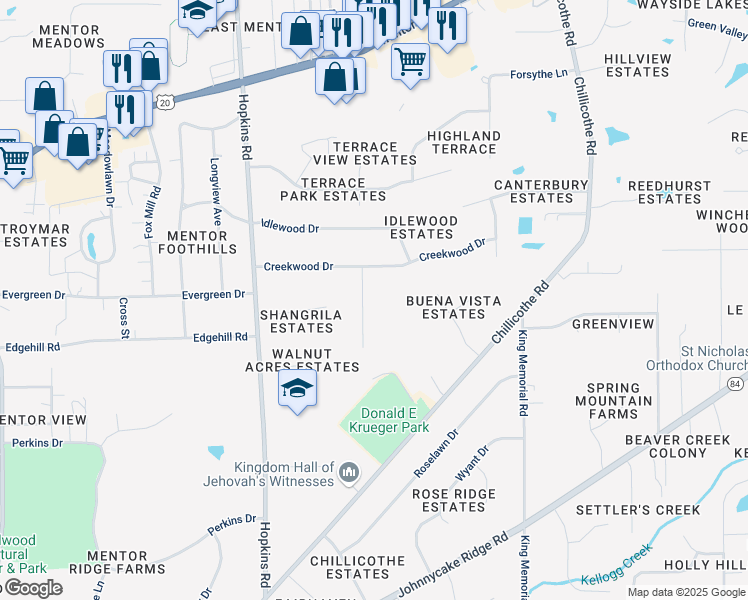 map of restaurants, bars, coffee shops, grocery stores, and more near 7421 Sherwood Circle in Mentor