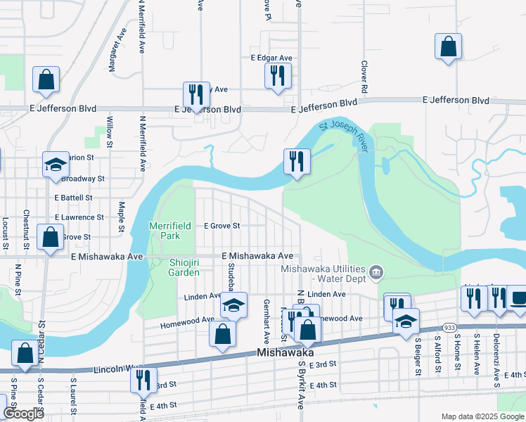 map of restaurants, bars, coffee shops, grocery stores, and more near 1219 Gernhart Avenue in Mishawaka