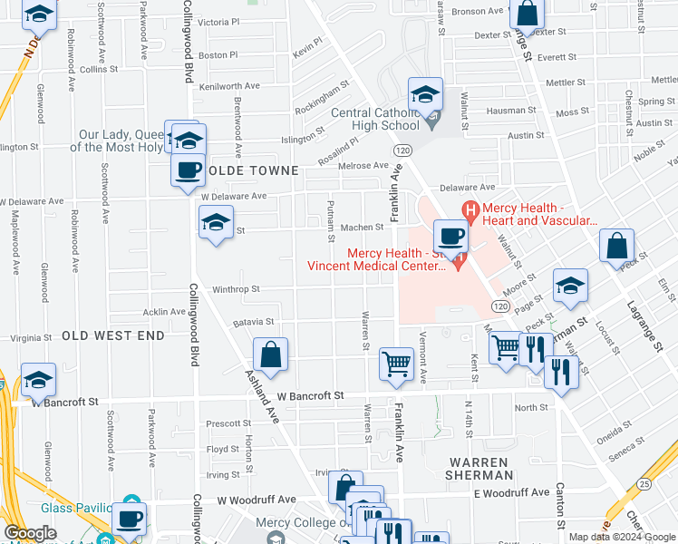 map of restaurants, bars, coffee shops, grocery stores, and more near 2354 Putnam Street in Toledo