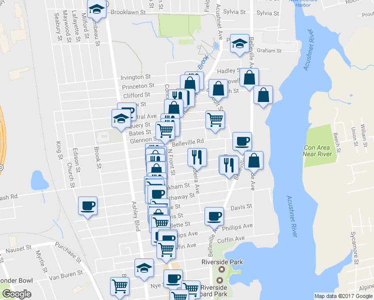 map of restaurants, bars, coffee shops, grocery stores, and more near 111 Eugenia Street in New Bedford