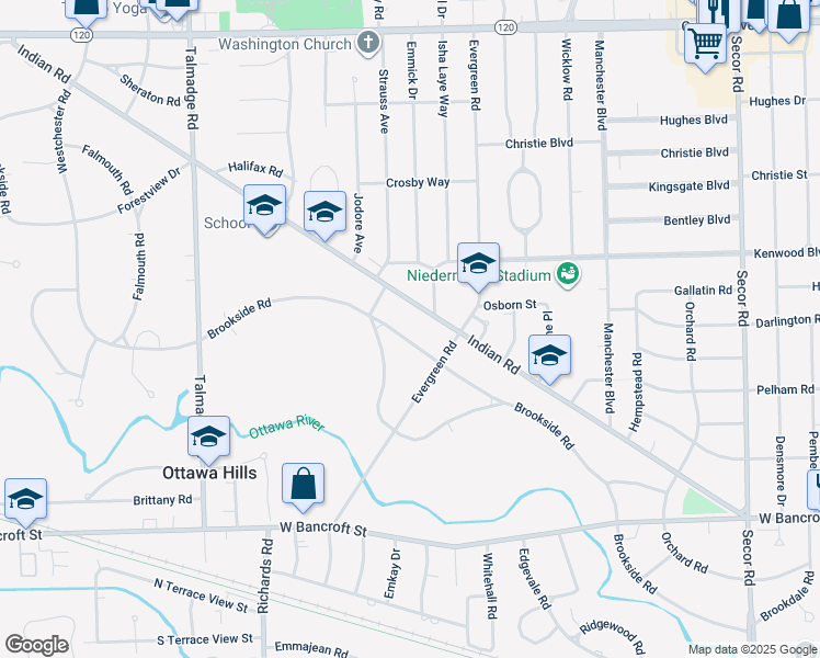 map of restaurants, bars, coffee shops, grocery stores, and more near 3844 Brookside Rd in Toledo