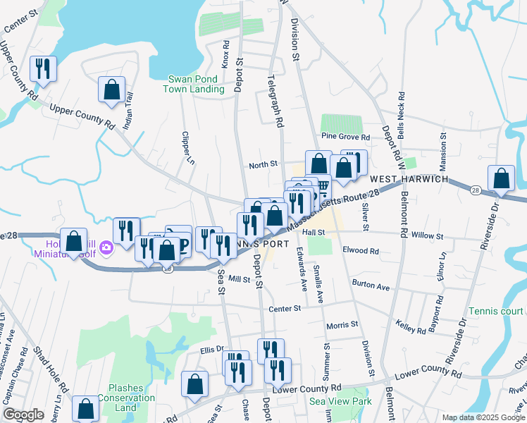 map of restaurants, bars, coffee shops, grocery stores, and more near 221 Upper County Road in Dennis