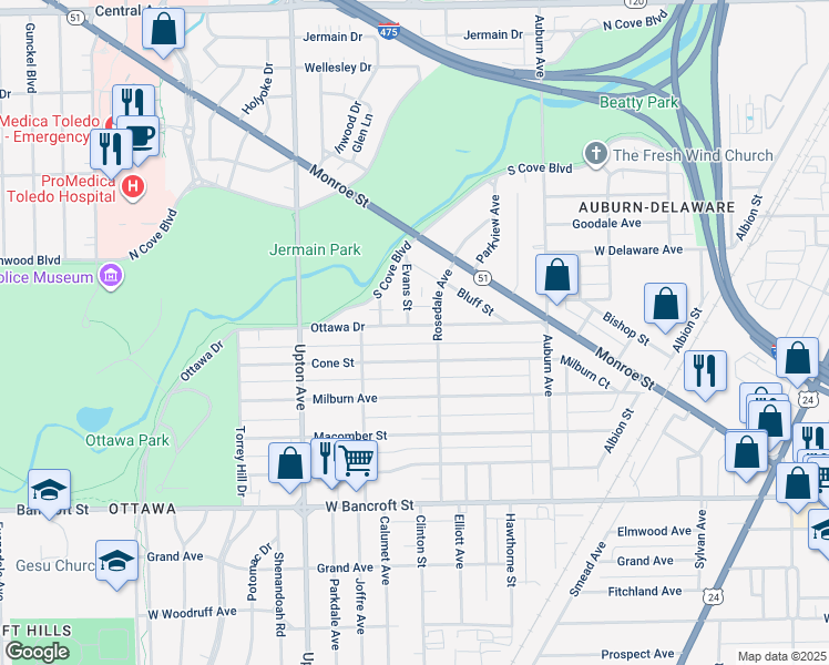 map of restaurants, bars, coffee shops, grocery stores, and more near 1723 Ottawa Drive in Toledo