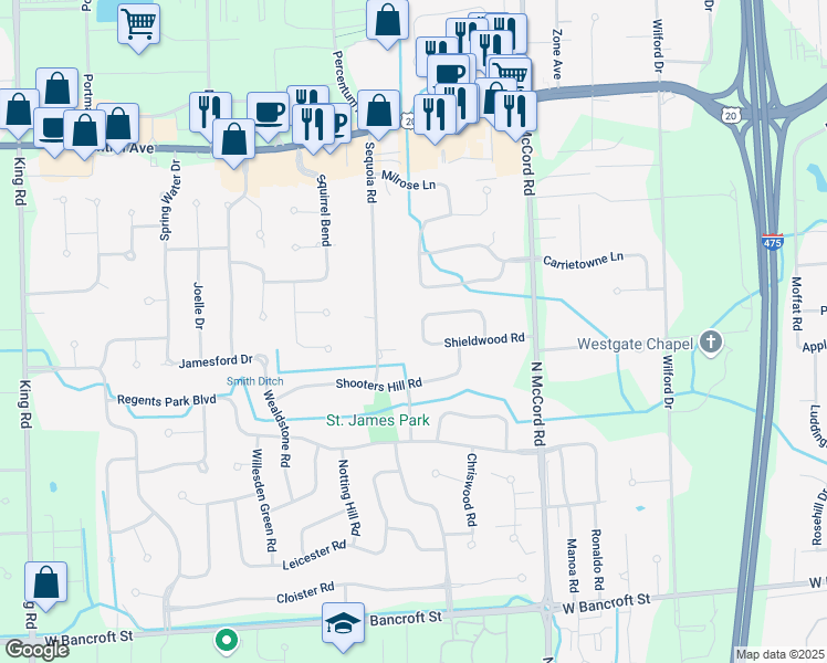 map of restaurants, bars, coffee shops, grocery stores, and more near 2633 Kristi Lynne Ln in Toledo