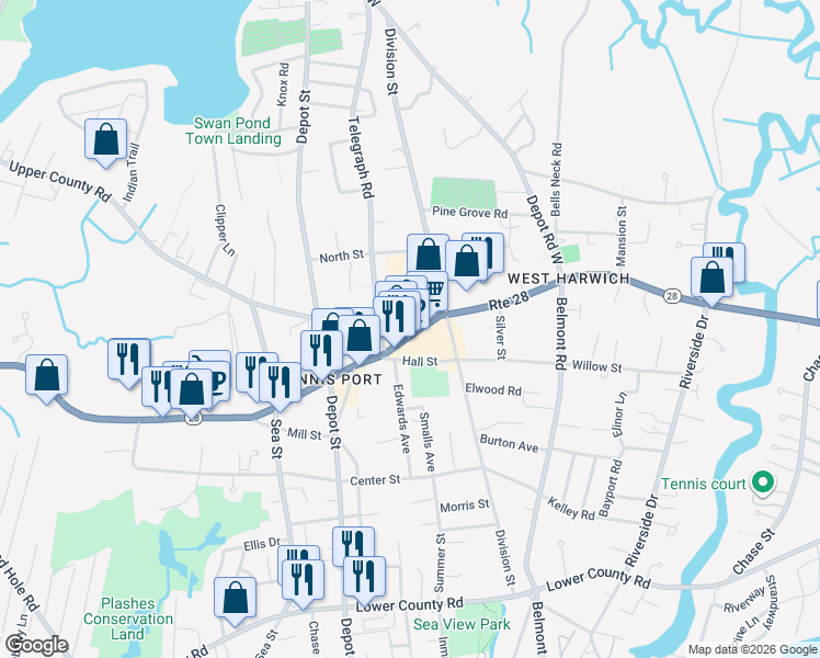 map of restaurants, bars, coffee shops, grocery stores, and more near 682 Main Street in Dennis