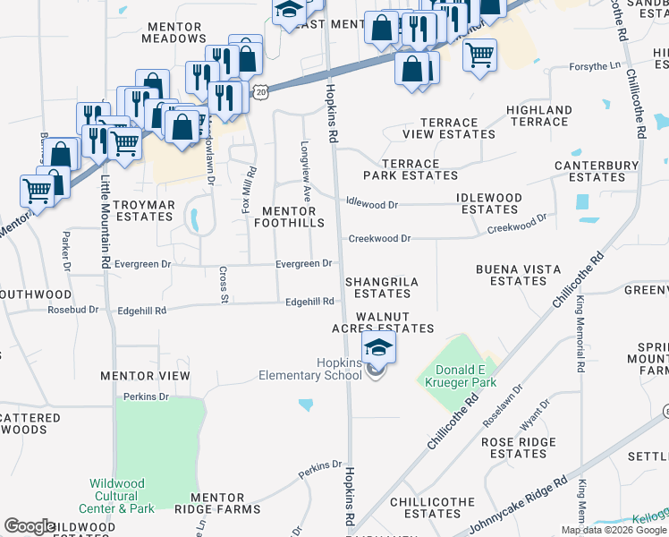 map of restaurants, bars, coffee shops, grocery stores, and more near 7430 Hopkins Road in Mentor
