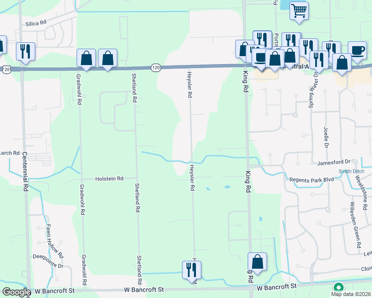map of restaurants, bars, coffee shops, grocery stores, and more near 2719 Heysler Road in Toledo