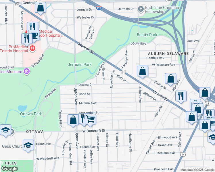 map of restaurants, bars, coffee shops, grocery stores, and more near 1723 Ottawa Drive in Toledo