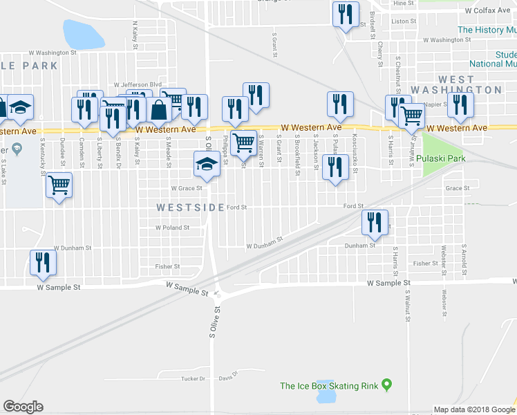 map of restaurants, bars, coffee shops, grocery stores, and more near 2110 Ford Street in South Bend