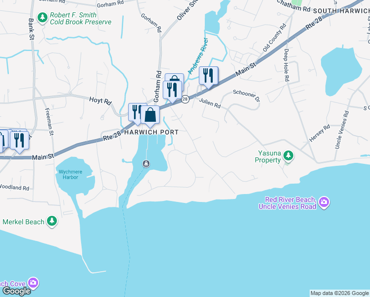 map of restaurants, bars, coffee shops, grocery stores, and more near 29 Saquatucket Bluffs Road in Harwich