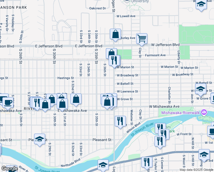 map of restaurants, bars, coffee shops, grocery stores, and more near 726 South 36th Street in South Bend