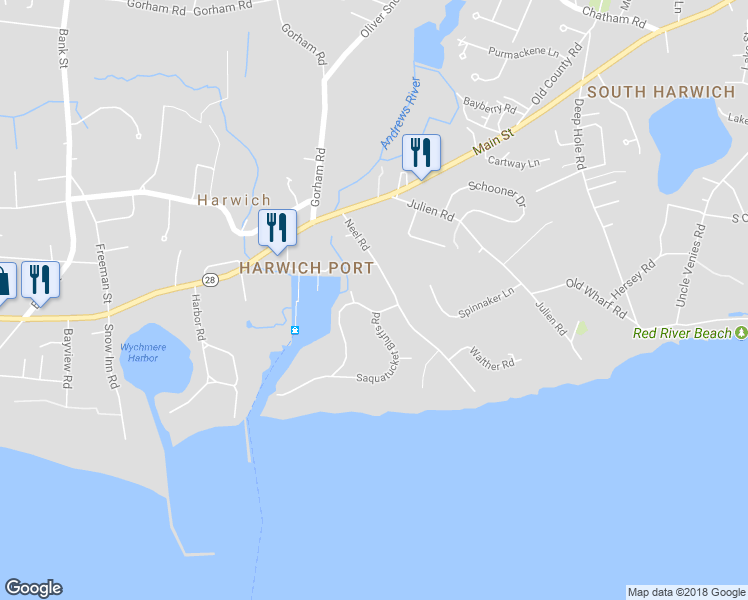 map of restaurants, bars, coffee shops, grocery stores, and more near 29 Saquatucket Bluffs Road in Harwich