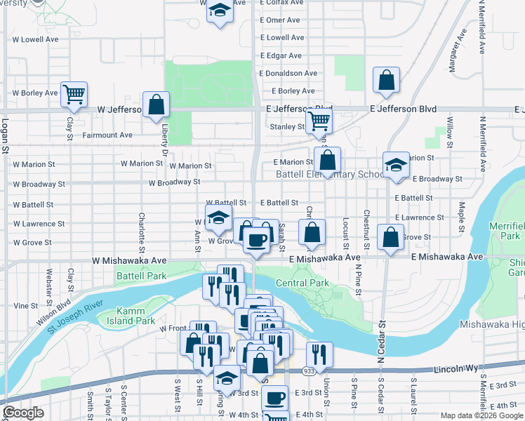 map of restaurants, bars, coffee shops, grocery stores, and more near 812 North Main Street in Mishawaka