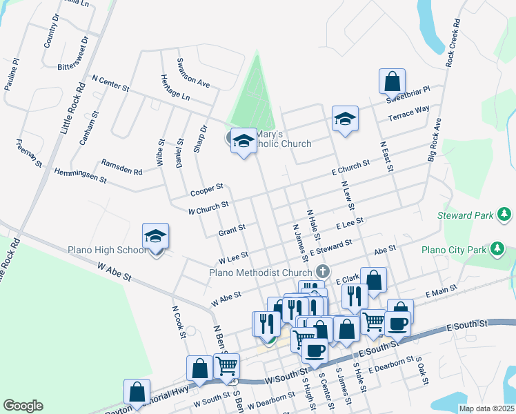map of restaurants, bars, coffee shops, grocery stores, and more near 706 North Hugh Street in Plano