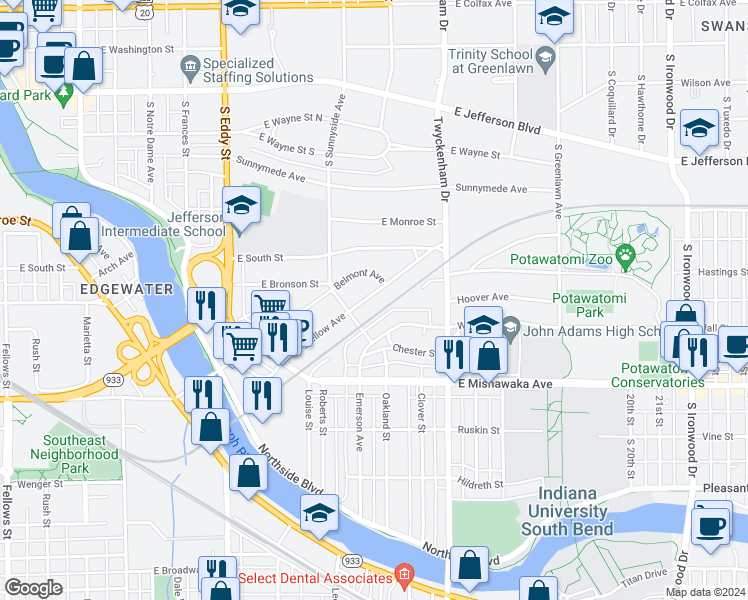 map of restaurants, bars, coffee shops, grocery stores, and more near 1326 Longfellow Avenue in South Bend