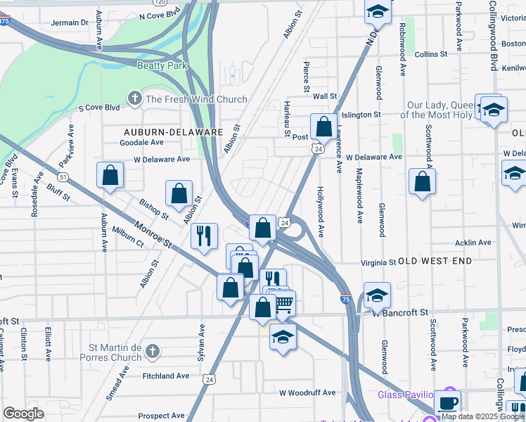 map of restaurants, bars, coffee shops, grocery stores, and more near 2407 Lawton Avenue in Toledo