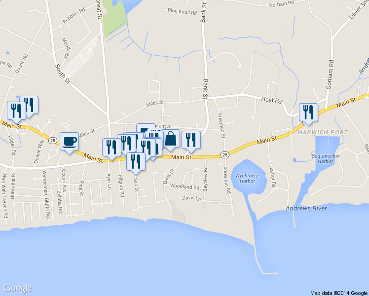 map of restaurants, bars, coffee shops, grocery stores, and more near 78 Bank St in Harwich