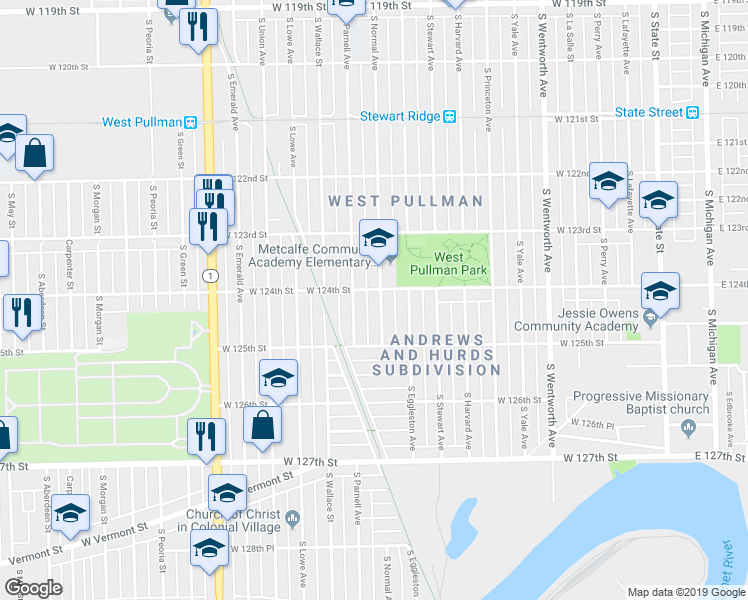 map of restaurants, bars, coffee shops, grocery stores, and more near 12408 South Normal Avenue in Chicago