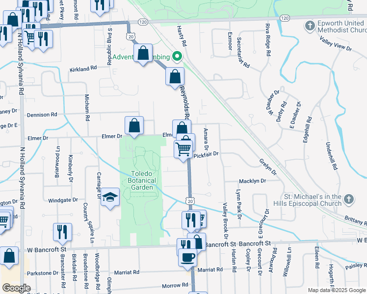 map of restaurants, bars, coffee shops, grocery stores, and more near 2519 North Reynolds Road in Toledo