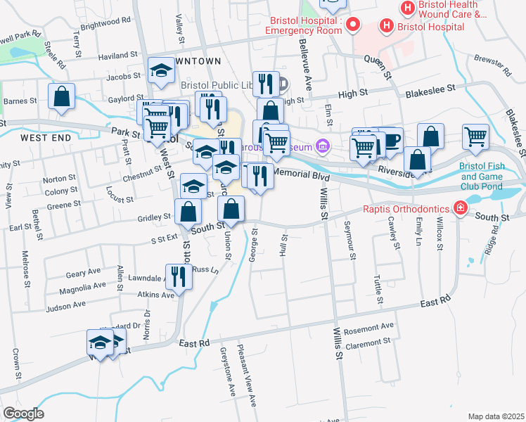 map of restaurants, bars, coffee shops, grocery stores, and more near 25 Main Street in Bristol