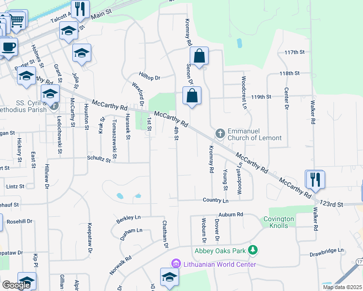 map of restaurants, bars, coffee shops, grocery stores, and more near 545 4th St in Lemont