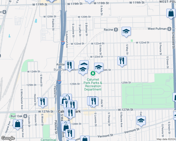 map of restaurants, bars, coffee shops, grocery stores, and more near W 124th St & Bishop St in Calumet Park