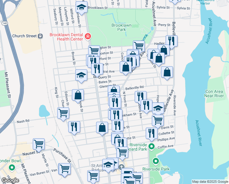 map of restaurants, bars, coffee shops, grocery stores, and more near 158 Belleville Road in New Bedford