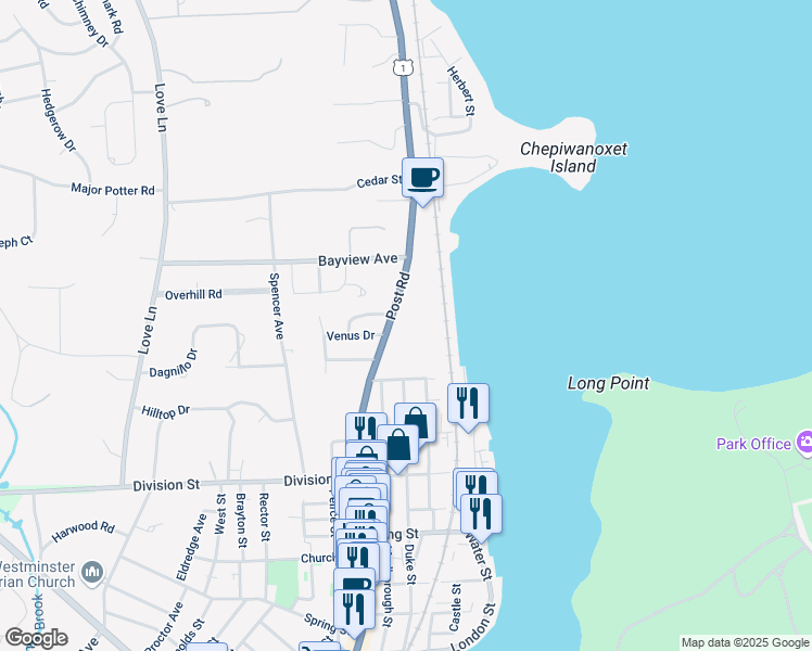 map of restaurants, bars, coffee shops, grocery stores, and more near 4490 Post Road in East Greenwich