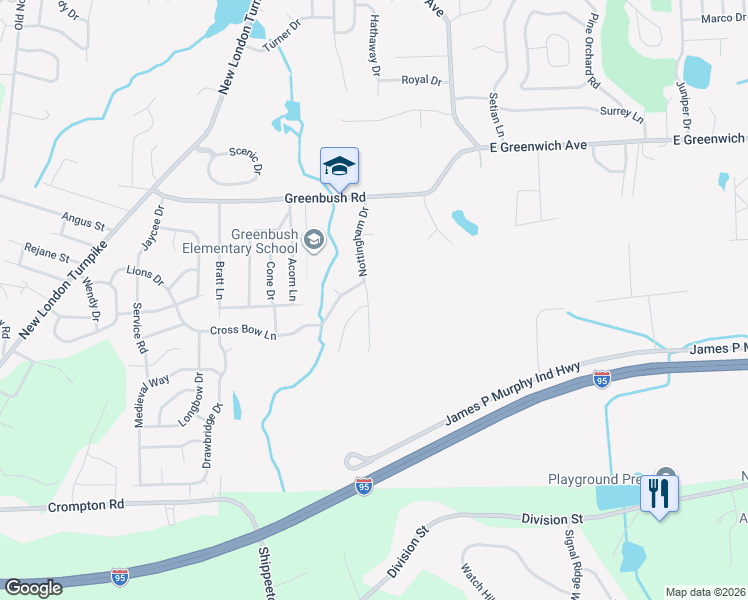 map of restaurants, bars, coffee shops, grocery stores, and more near 20 Maid Marion Lane in West Warwick