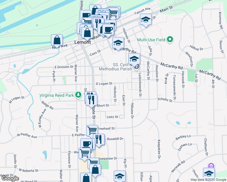 map of restaurants, bars, coffee shops, grocery stores, and more near 714 Hickory Street in Lemont