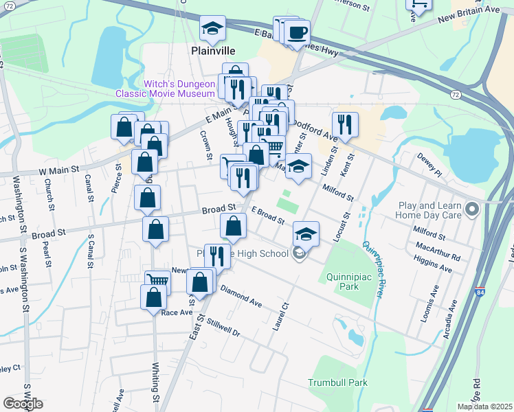 map of restaurants, bars, coffee shops, grocery stores, and more near 5 Broad Street in Plainville