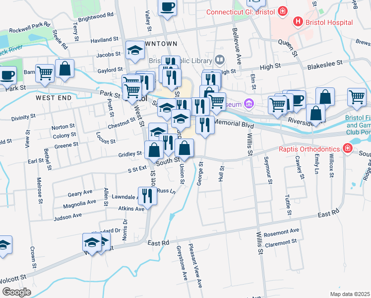 map of restaurants, bars, coffee shops, grocery stores, and more near 163 Church Street in Bristol