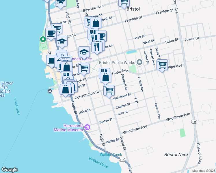 map of restaurants, bars, coffee shops, grocery stores, and more near 3 Catherine Street in Bristol