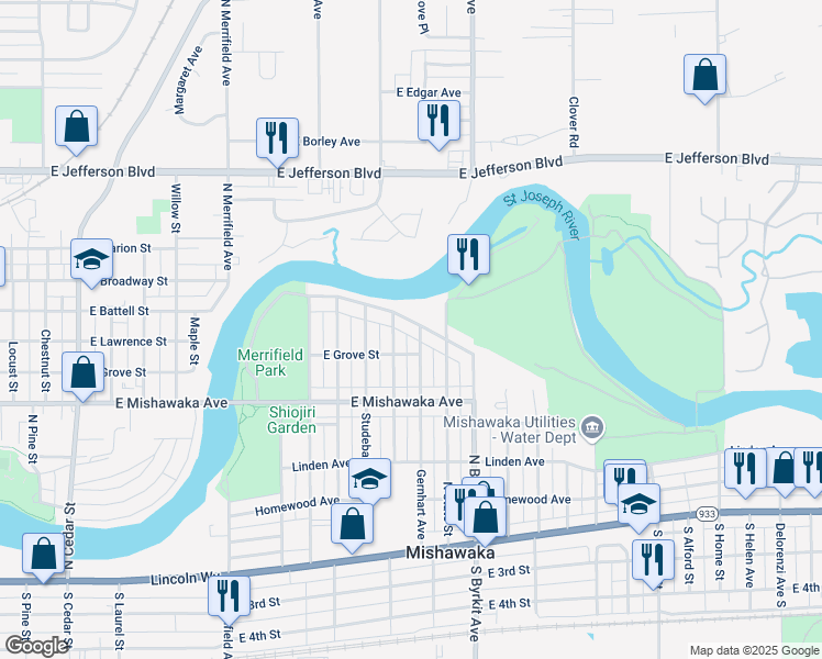 map of restaurants, bars, coffee shops, grocery stores, and more near 1219 Gernhart Avenue in Mishawaka