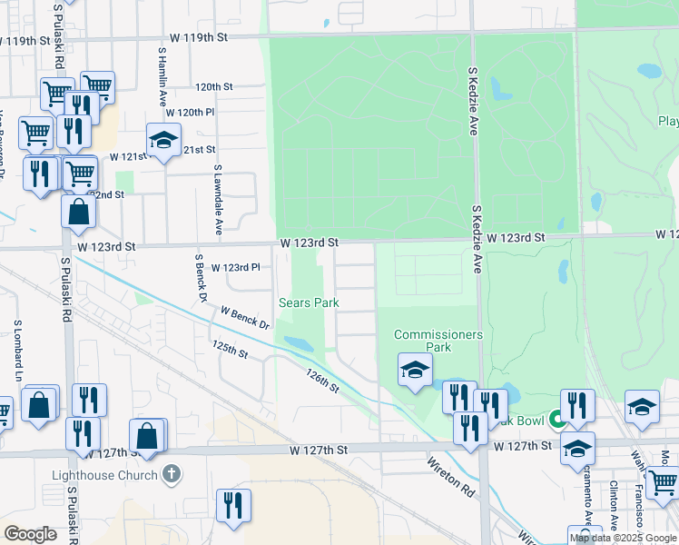 map of restaurants, bars, coffee shops, grocery stores, and more near 3433 W 123rd Pl in Alsip