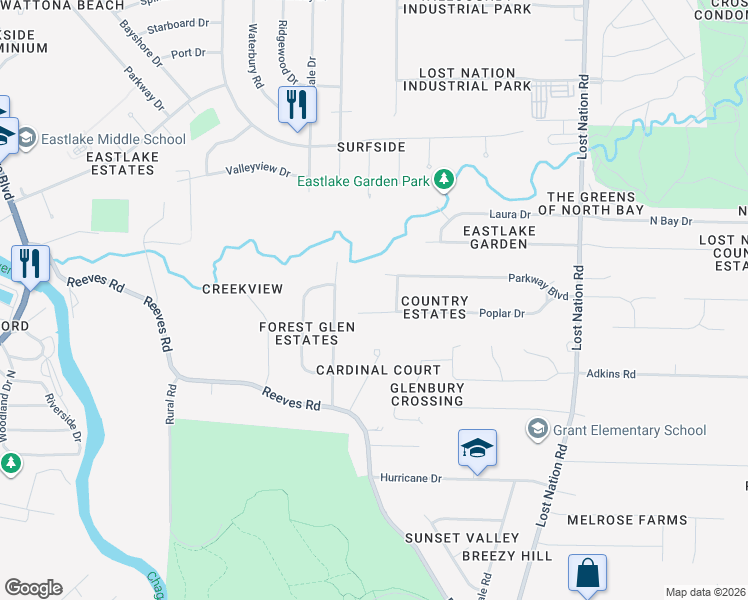 map of restaurants, bars, coffee shops, grocery stores, and more near 2580 Ash Road in Willoughby
